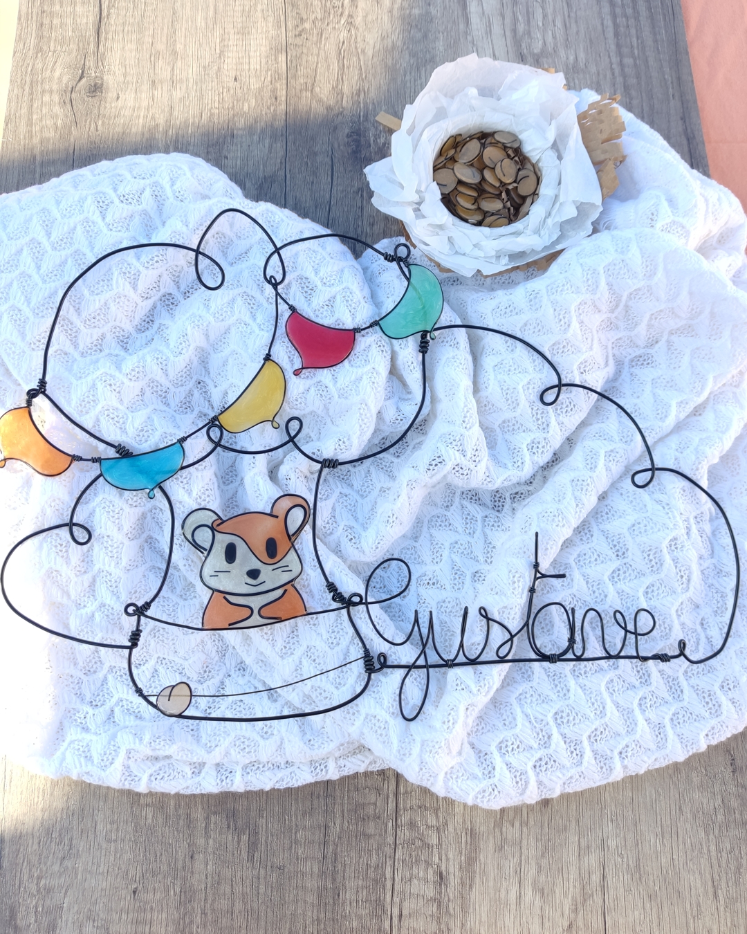 Gustave le hamster, décoration chambre bébé personnalisée avec prénom en fil de fer, cadeau original et amusant pour bébé
